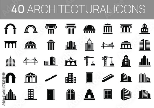 Buildings and architecture icons set collection of city construction silhouette vector illustration