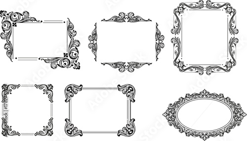 Vintage frame collection, ornate border designs, floral scroll embellishments, decorative vector set, classical art elements, elegant shapes, black and white