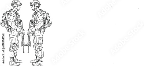 Two Soldiers in Uniform with Rifles, Side View - Military Concept Image