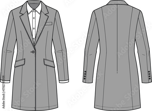 Tailored coat front and back technical fashion flat sketch, notched lapel, one button closure, welt pocket, flap pockets, apparel design illustration