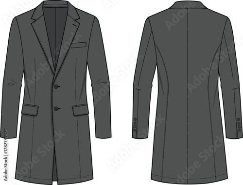 Tailored overcoat front and back technical fashion flat sketch, notched lapel, button closure, flap pockets, vent detail, apparel design illustration