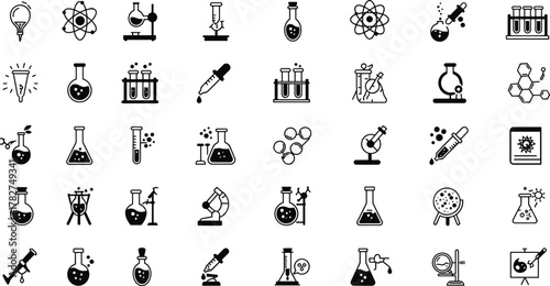 Science lab icons collection, chemistry experiment symbols, laboratory glassware set, microscope, flask, molecular research vector, education illustration
