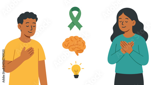 Mental health awareness illustration with people, green ribbon, brain, and light bulb