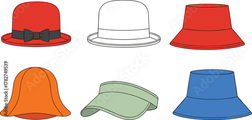 Colorful hat collection, fashion accessories, bucket hat, visor, bell hat, flat sketch, vector style, isolated, cad drawing flat vector illustration