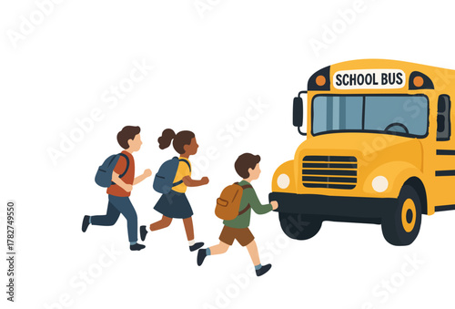 Kids Running Towards School Bus with Backpacks - School Day Excitement