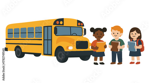 Children with School Bags Standing in Front of a Yellow School Bus