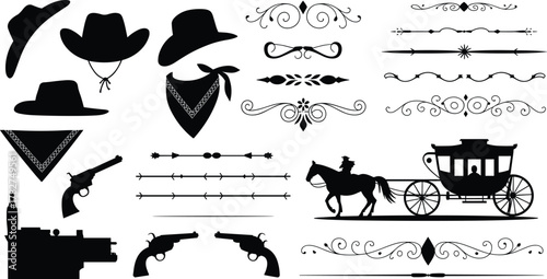 Wild West silhouettes, cowboy hats, revolvers, horse rider, stagecoach, western building, vintage scrolls, barbed wire, frontier icons, rustic design