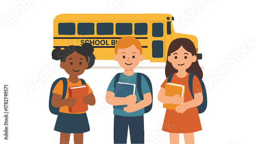 Children with School Bags Standing in Front of a Yellow School Bus
