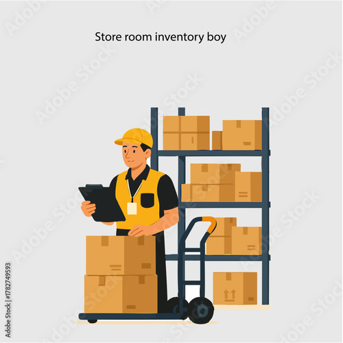 Warehouse Worker Organizing Inventory in Store Room with Cart