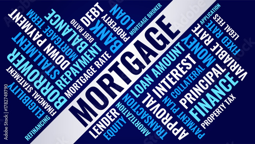 Mortgage loan finance word cloud, principal interest and home property illustration