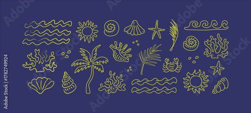 Collection of abstract golden sea creatures and organic shapes on a dark blue background