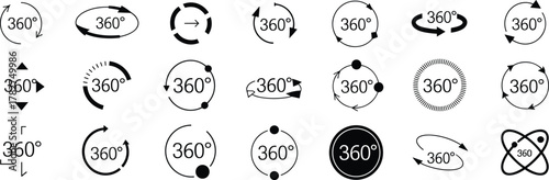 360 degree icons, rotation symbols, panoramic view, virtual tour graphics, circular arrows, orbit design, motion UI, interactive elements, product spin, immersive experience, 