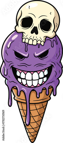 "Dark surreal ice cream cone illustration with skull, creepy purple monster scoop, horror fantasy artwork, melting dessert vector, spooky gothic design"
