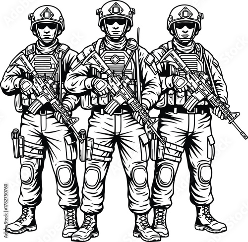 Illustration of three armed soldiers in tactical gear, prepared for duty or conflict, showcasing teamwork and military precision