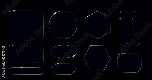 Light frame liquid glass, glass panel set for mobile and web app, tech board frame in futuristic style. HUD element interface, vector illustration. 