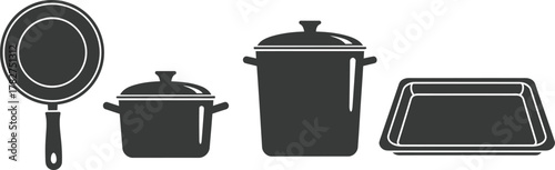 Cookware Icons Frying Pan, Saucepan, Stock Pot, Baking Sheet