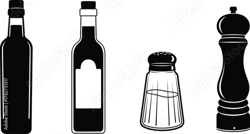 Cooking Oils and Condiments Icons Olive Oil Bottle, Vinegar Bottle, Salt Shaker, Pepper Grinder