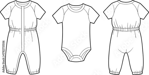 Baby clothing technical sketch, romper and onesie design, fashion flat drawing, garment construction, apparel template, vector illustration set