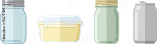 Food Storage Icons Glass Jar, Plastic Container, Mason Jar, Aluminum Can