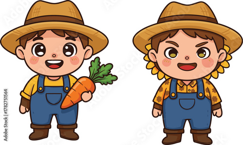 Two cute cartoon farmers in straw hats holding vegetables, adorable kids wearing overalls and smiling farm character illustration