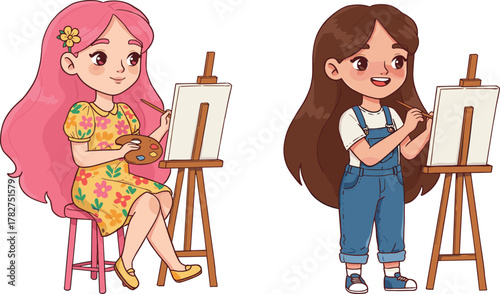 Two cute girls painting on easels, creative children holding palettes and brushes, adorable art class activity illustration scene