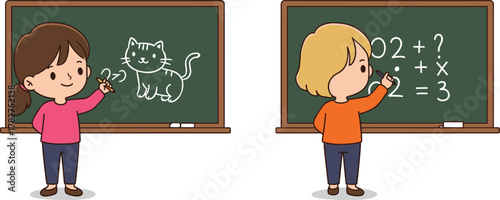 Two cute kids drawing and solving math on chalkboard, adorable children learning creativity and education concept illustration