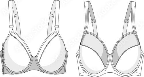Bra technical sketch, lingerie design, fashion illustration, garment construction, vector outline, adjustable straps, molded cups, seam detail, front view, apparel template
