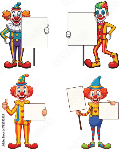 Cartoon clowns holding blank signs, colorful entertainer characters illustration, circus staff, comedy performers, advertising concept, promotional design, festive campaign, playful art
