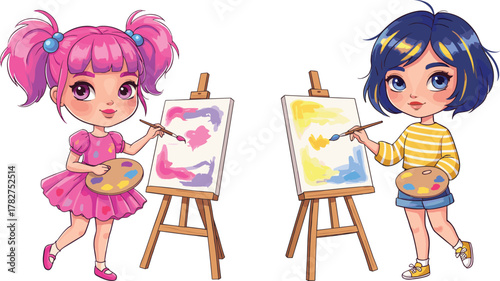 Two cute little girls painting on easels, creative kids with brushes and palettes, colorful children art activity illustration