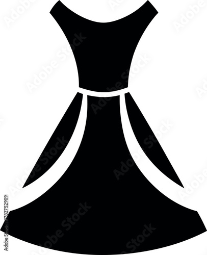 Black Silhouette of Flared Dress with Round Neck and Decorative Side Pleats