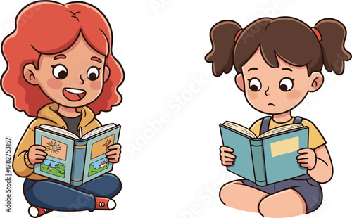 two little girls reading storybooks together, cute children learning and studying, education and imagination concept illustration for kids