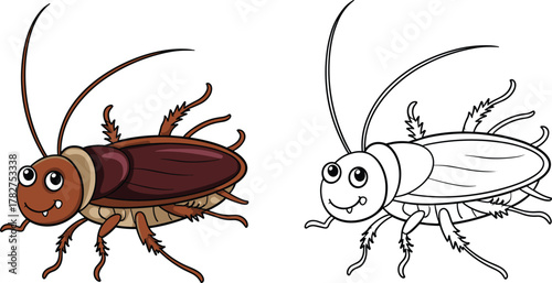 Cartoon cockroach coloring page, insect character, vector illustration, educational design, kids activity, pest theme, smiling bug, outline version, fun drawing, printable art