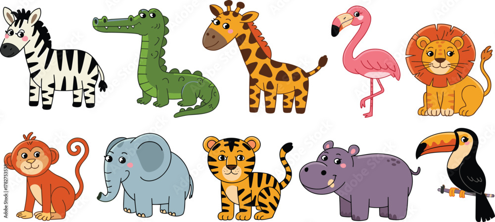 Naklejka premium WebvCartoon wild animals, zebra, crocodile, giraffe, flamingo, lion, monkey, elephant, tiger, hippo, toucan, colorful jungle, cute style, kids illustration, animal set, zoo theme, playful drawing