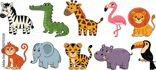WebvCartoon wild animals, zebra, crocodile, giraffe, flamingo, lion, monkey, elephant, tiger, hippo, toucan, colorful jungle, cute style, kids illustration, animal set, zoo theme, playful drawing