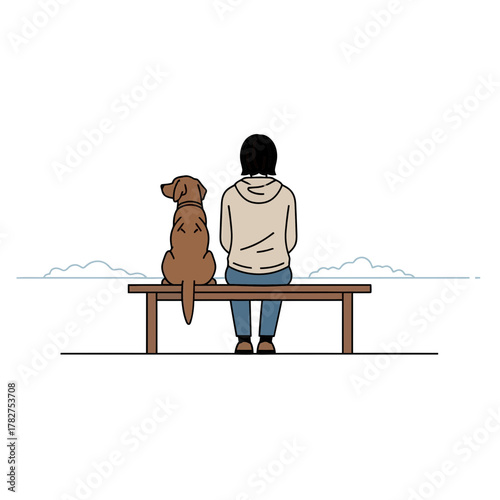 Person and Dog Sitting Together on Bench Flat Vector Illustration