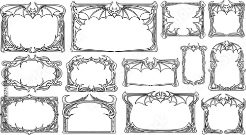 Gothic ornate frames, dark fantasy borders, bat wing design, horned scrollwork, vintage horror style, Halloween template, decorative photo frame, supernatural art