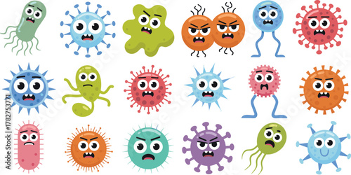 Cartoon germs vector set, funny microbes, cute bacteria, virus characters, educational clipart, hygiene icons, colorful monsters, isolated illustrations