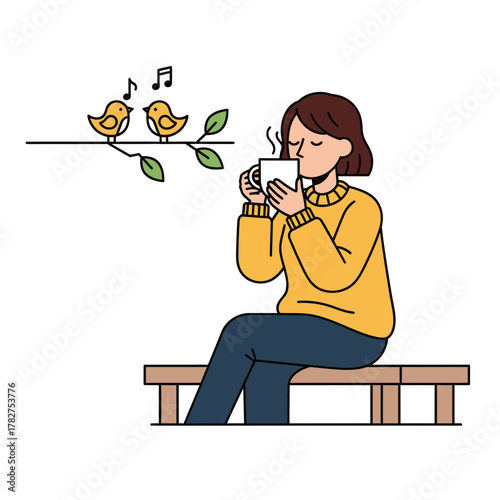 Woman Enjoying Coffee with Singing Birds Flat Vector Illustration