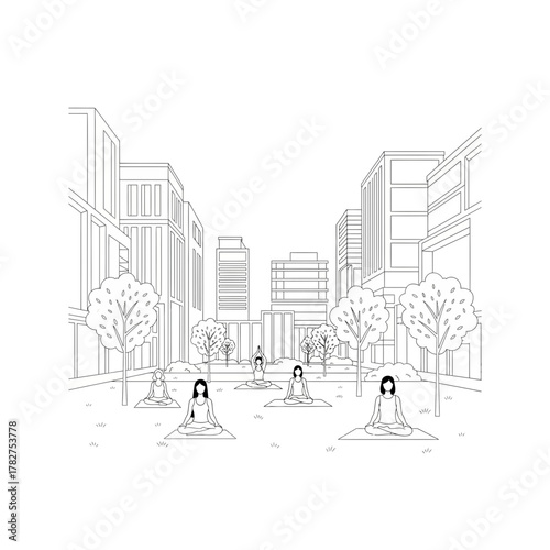 Yoga in the City Park vector line art