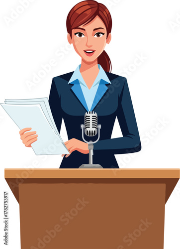 Woman in business suit speaking at a podium with microphone and papers
