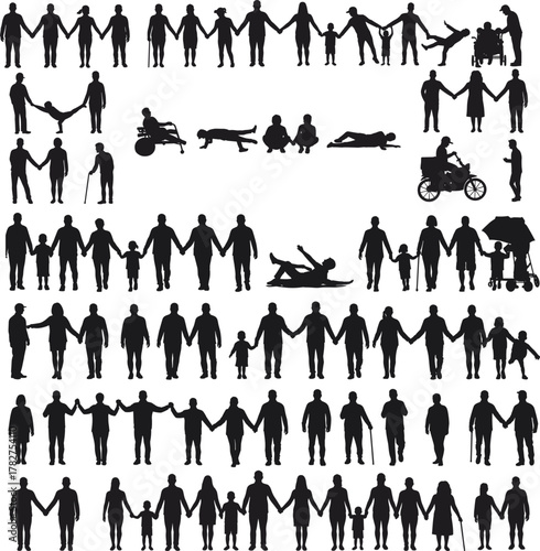 Human silhouette collection, diverse poses, family, walking, sitting, wheelchair, stroller, cycling, resting, interaction, community, lifestyle, people, motion, inclusion, everyday life, 