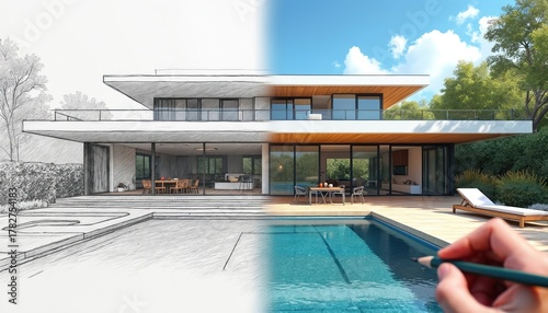 Illustration of modern house design with pool area. Hand draws modern building project concept. Architectural planning and construction visualization in sketch and color.
