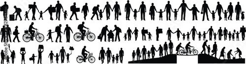 Silhouette people walking, children playing, family holding hands, cycling together, urban lifestyle, community interaction, everyday activity, mobility, accessibility, teamwork, friendship