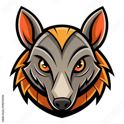 A fierce, stylized wolf head logo with piercing orange eyes and sharp orange fur accents on a white background.