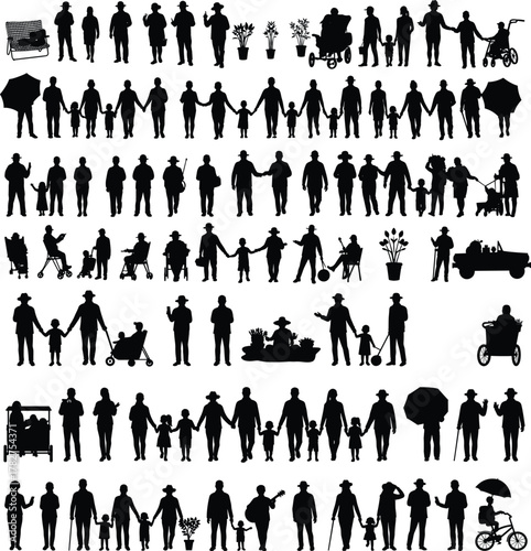 Silhouette people walking, families with children, strollers, bicycles, umbrellas, wheelbarrows, gardening, everyday lifestyle, social interaction, urban community illustration design