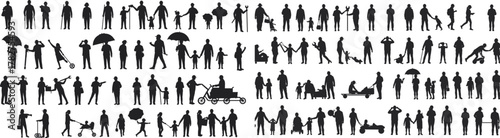 Silhouette people walking, families with children, strollers, umbrellas, bicycles, benches, everyday lifestyle, social interaction, urban street community illustration