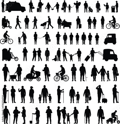 Silhouette people walking, families with children, strollers, wheelchairs, bicycles, scooters, cars, vans, everyday lifestyle, urban community social interaction illustration
