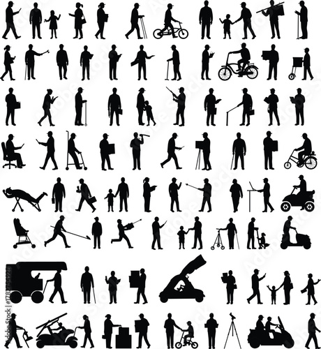 Silhouette people walking, families with children, strollers, wheelchairs, bicycles, umbrellas, scooters, cameras, megaphones, everyday lifestyle, urban community social interaction illustration
