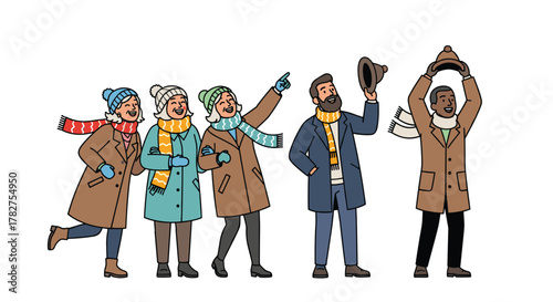 Group of cheerful friends enjoying winter season together looking up with excitement and wearing warm clothing and hats