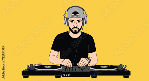 Dynamic DJ mixing music on turntables with headphones, creating a vibrant atmosphere for parties and music events